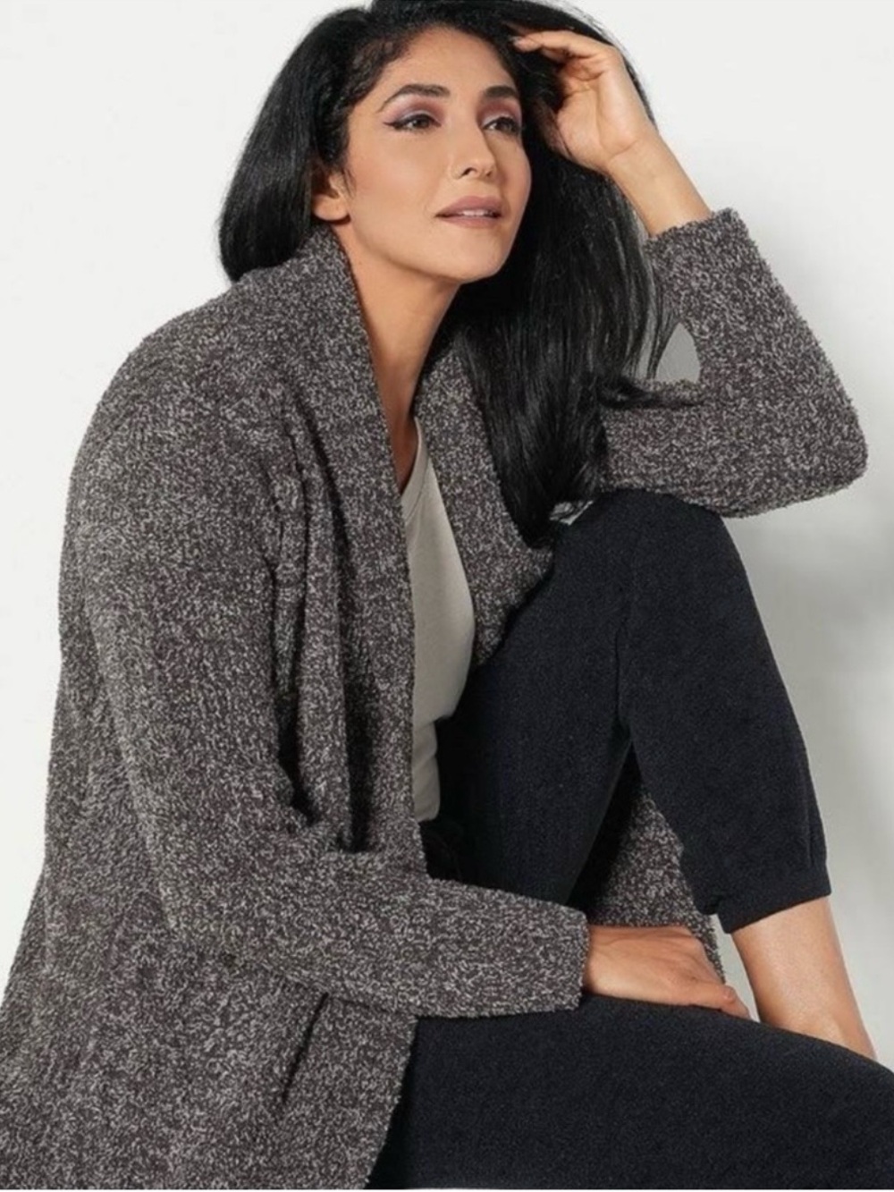 Barefoot Dreams Cabin Cable Knit Open Cardigan Sweater Gray/Brown Large NEW